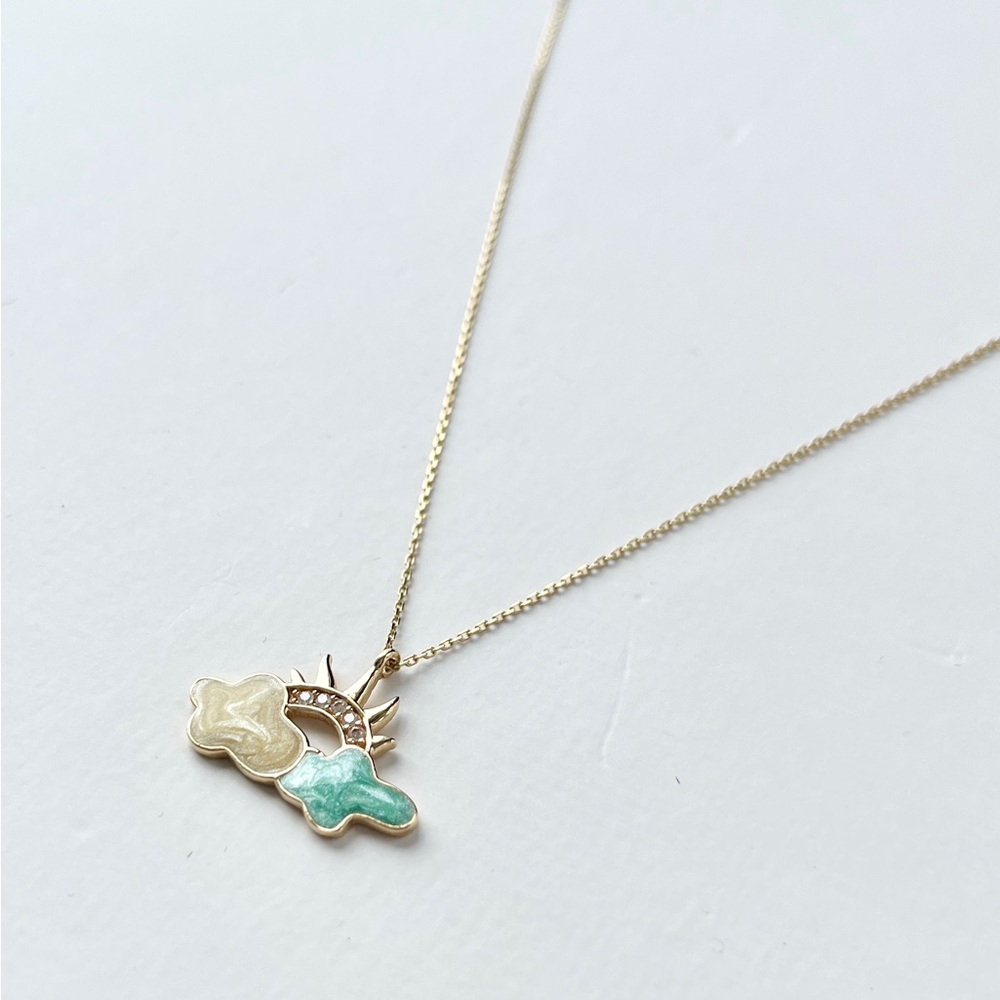 ⛅️14k Solid Gold, CZ & Enamel Sun & Clouds Pendant w/ Necklace